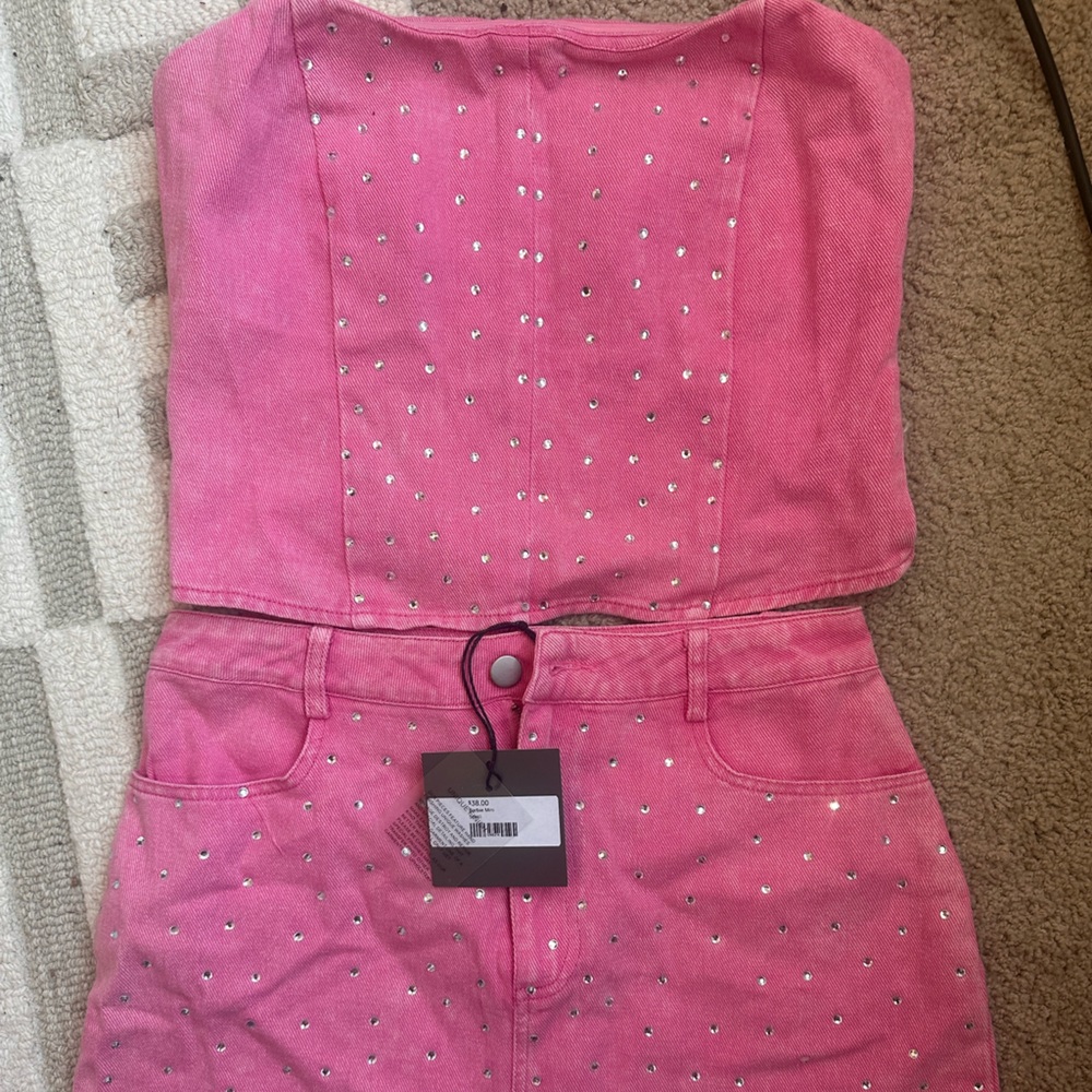 NWT Pink Rhinestone Denim Corset Top & Skirt Set – 2 Piece Matching Outfit